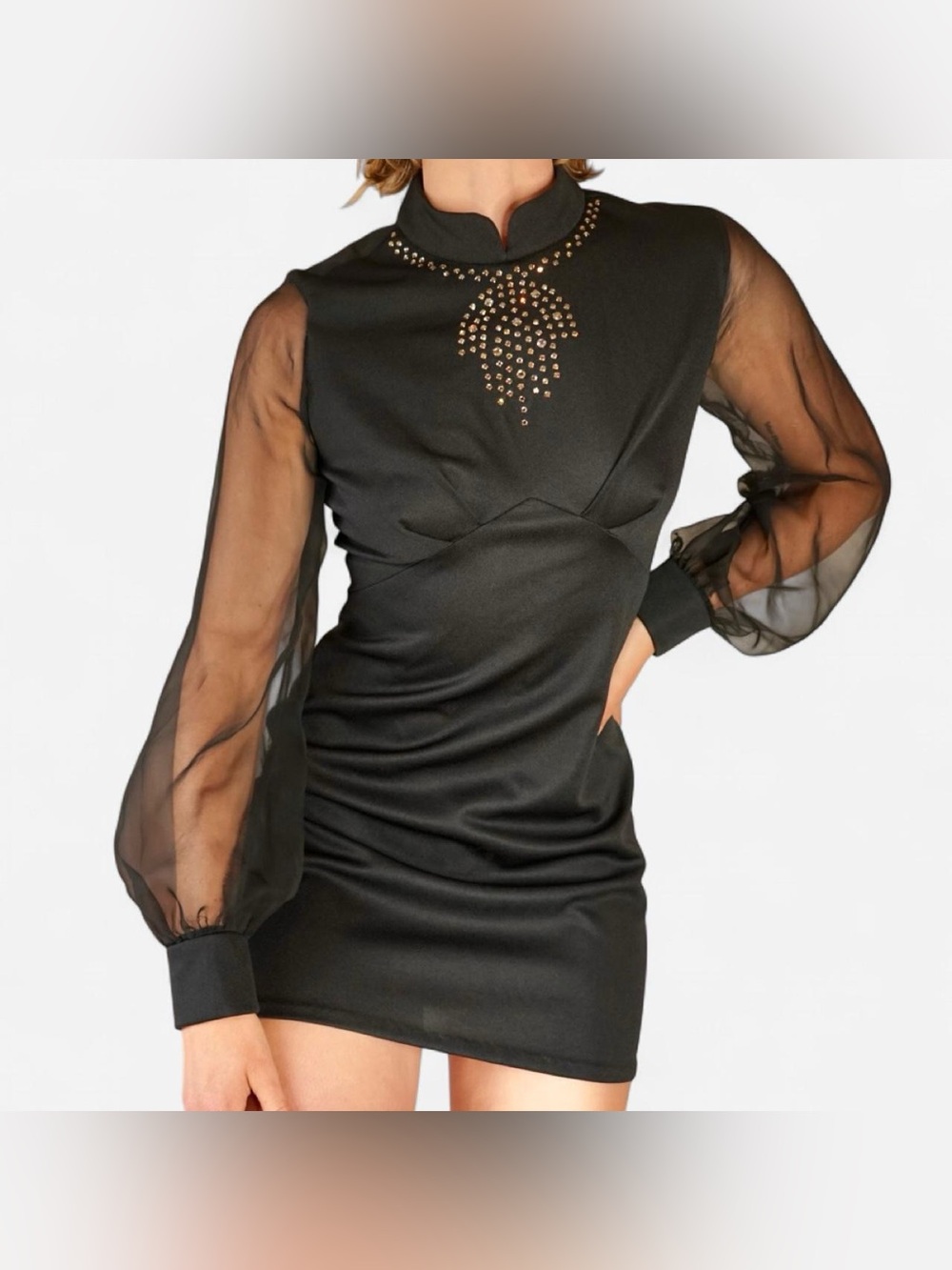 Elegant Black Sheer-Sleeve Mini Dress with Embellished Neckline